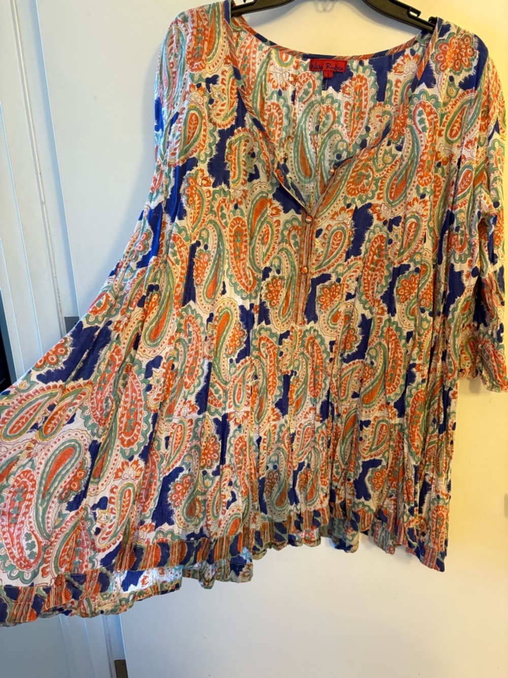 Nila Rubia Women's Paisley V-Neck Tunic Top - Blue/Coral/Green S